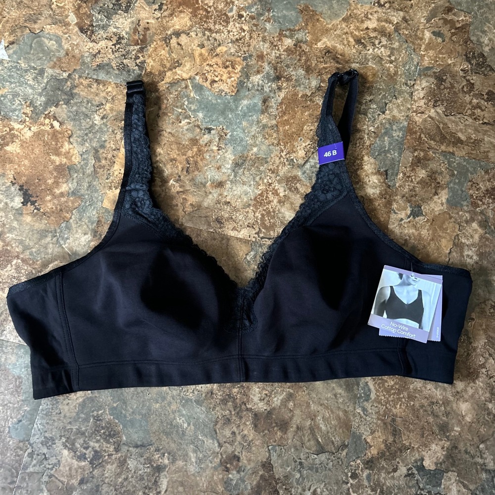 Catherines Wireless Cotton Bra Womens Size 46B Black Unlined Unpadded Wirefree